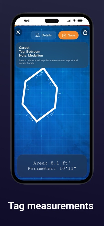 Area Measure measurement details screen