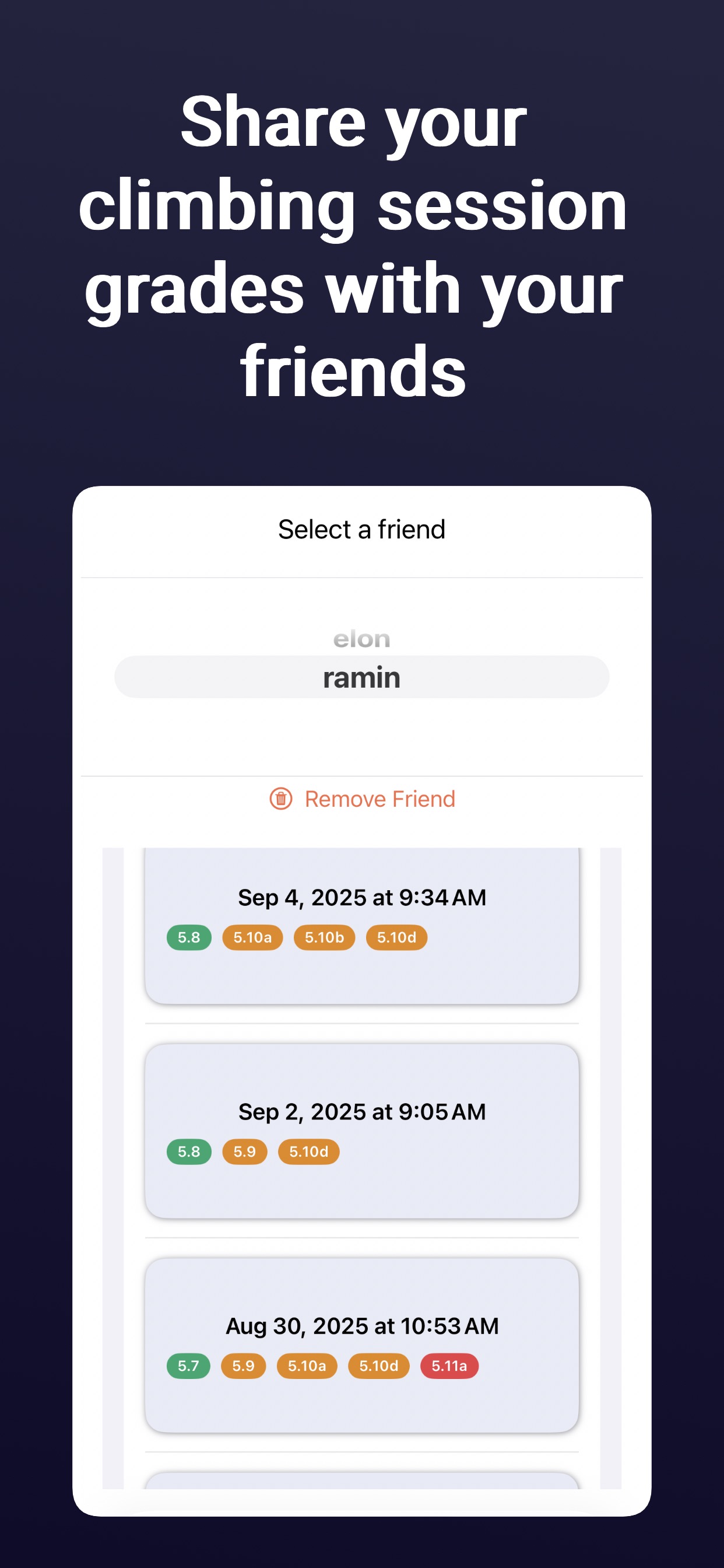 Climb Meter friend sharing screen with recent session grades