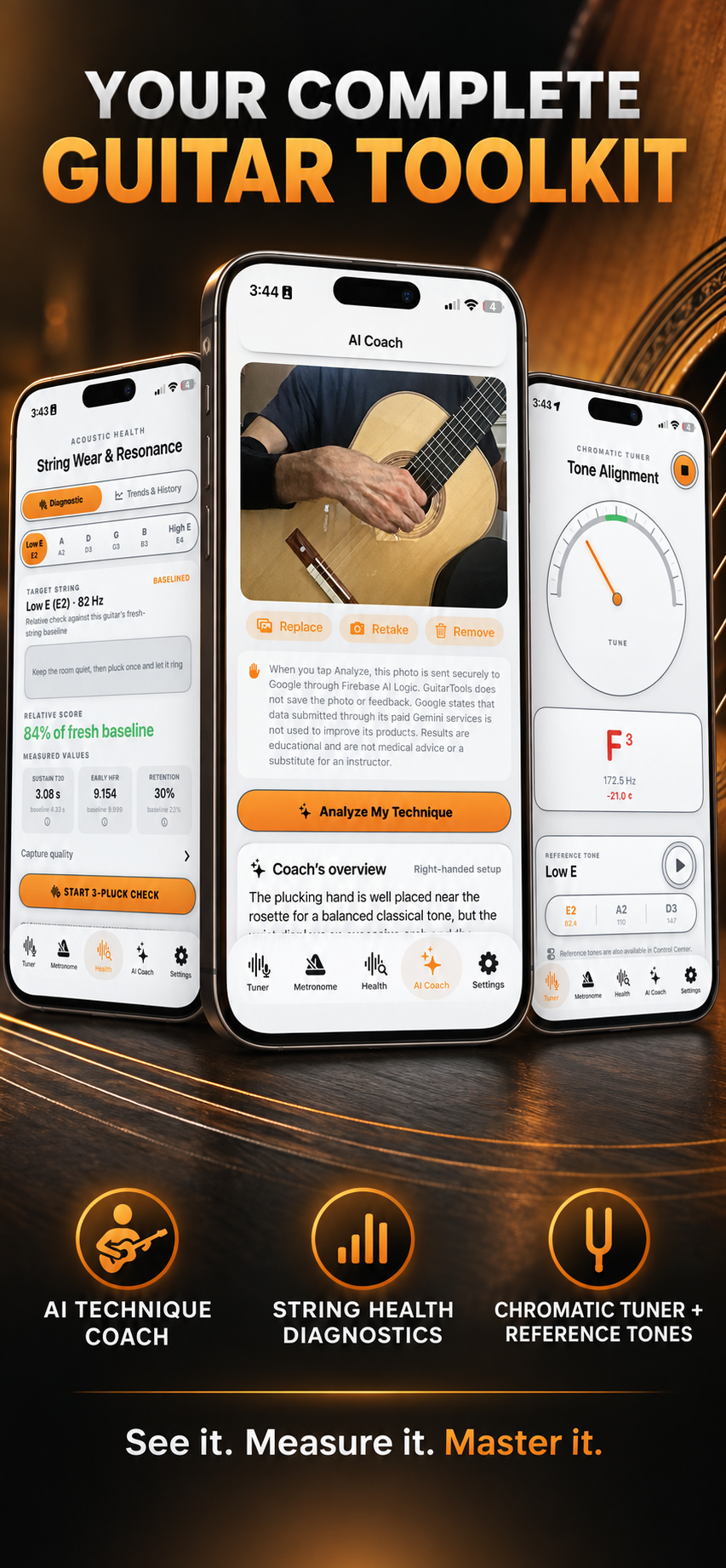 GuitarTools app showing tuner, acoustic health, and AI coach screens