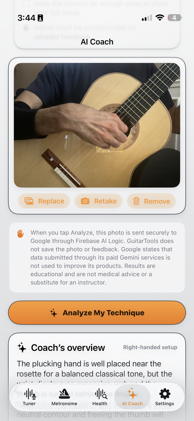 GuitarTools AI coach camera screen