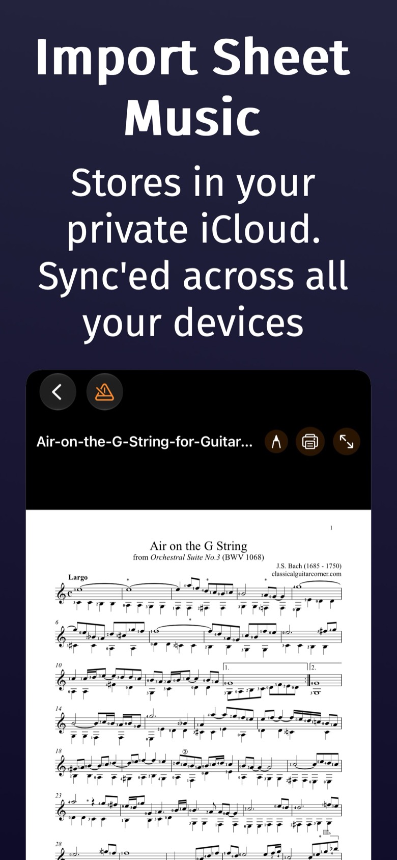 GuitarTools sheet music reader showing an imported score
