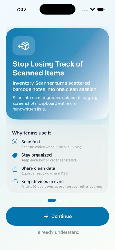 Onboarding screen explaining the problem Inventory Scanner solves