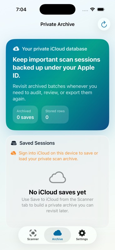 Inventory Scanner private archive screen
