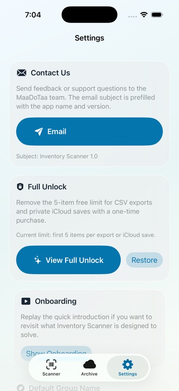 Inventory Scanner settings and support screen