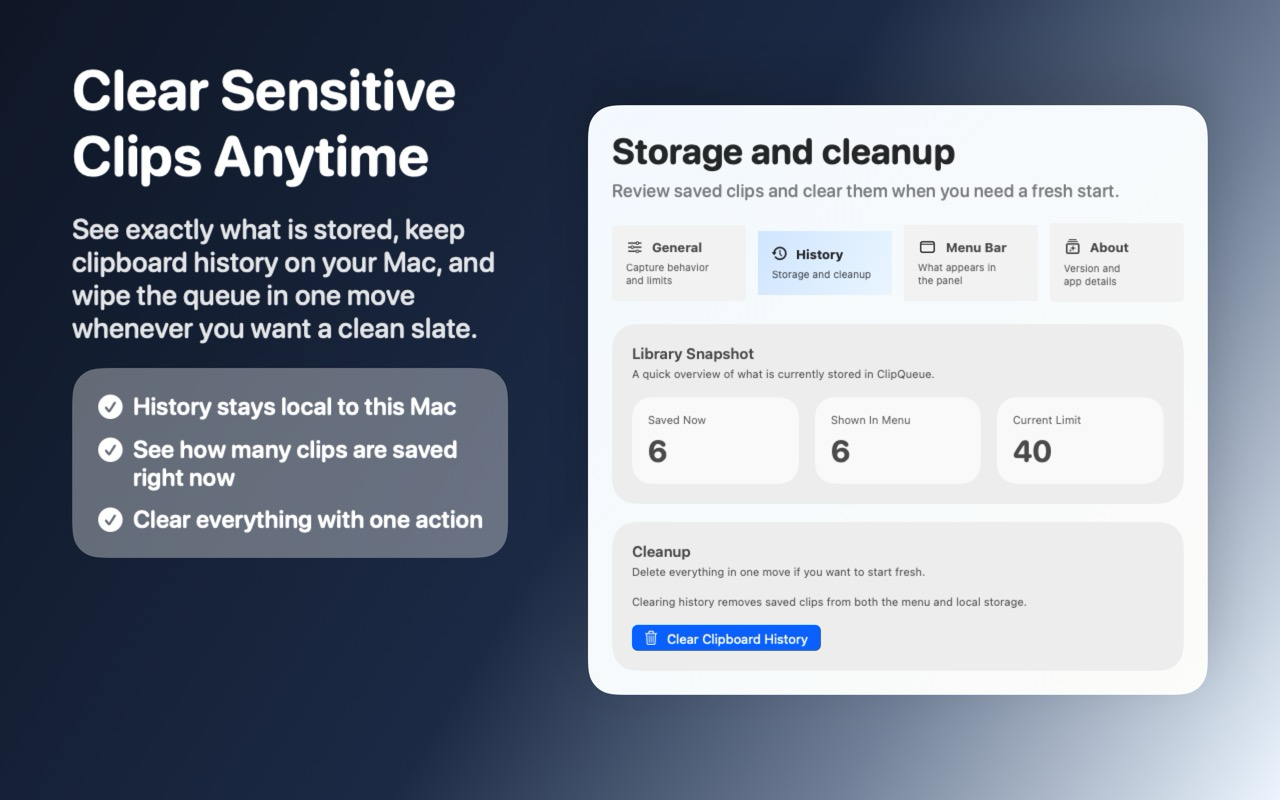 ClipQueue history and cleanup preferences