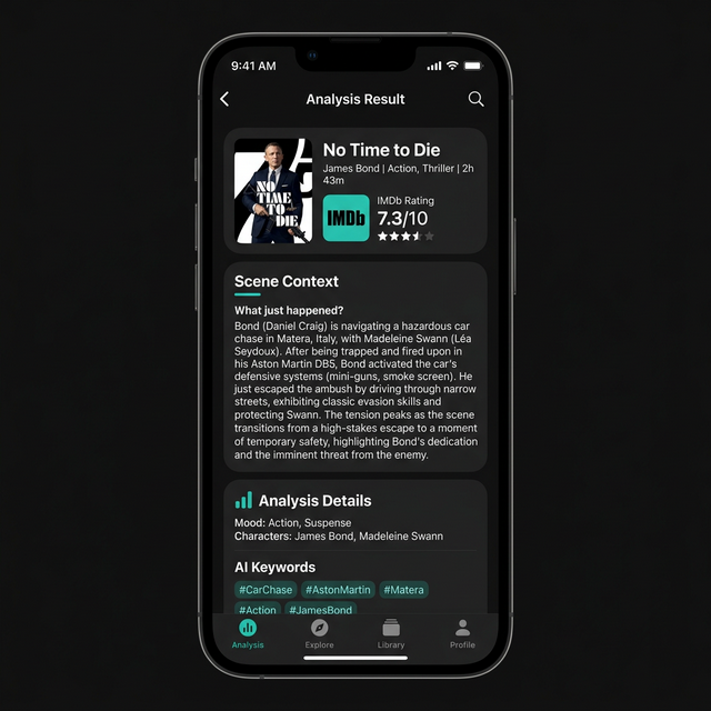 Recap app showing scene analysis of No Time to Die