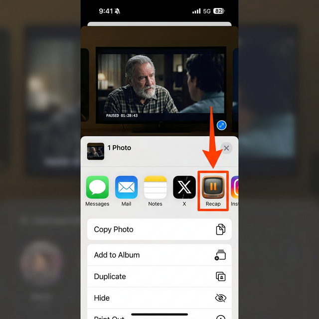 iOS Share Sheet showing Recap app as an option