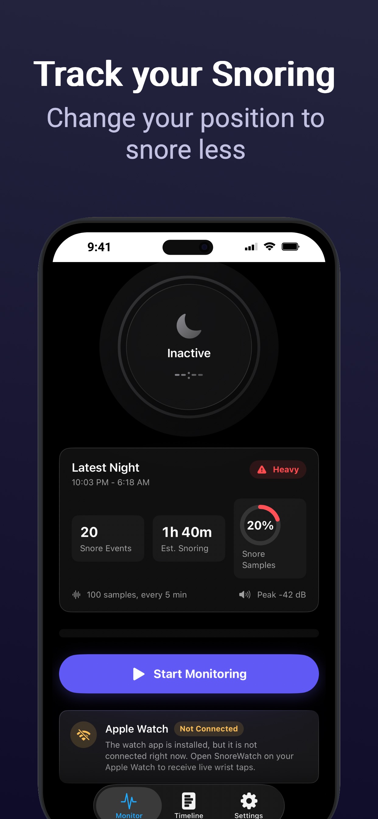 Monitor Tab — Real-time audio levels and snore detection