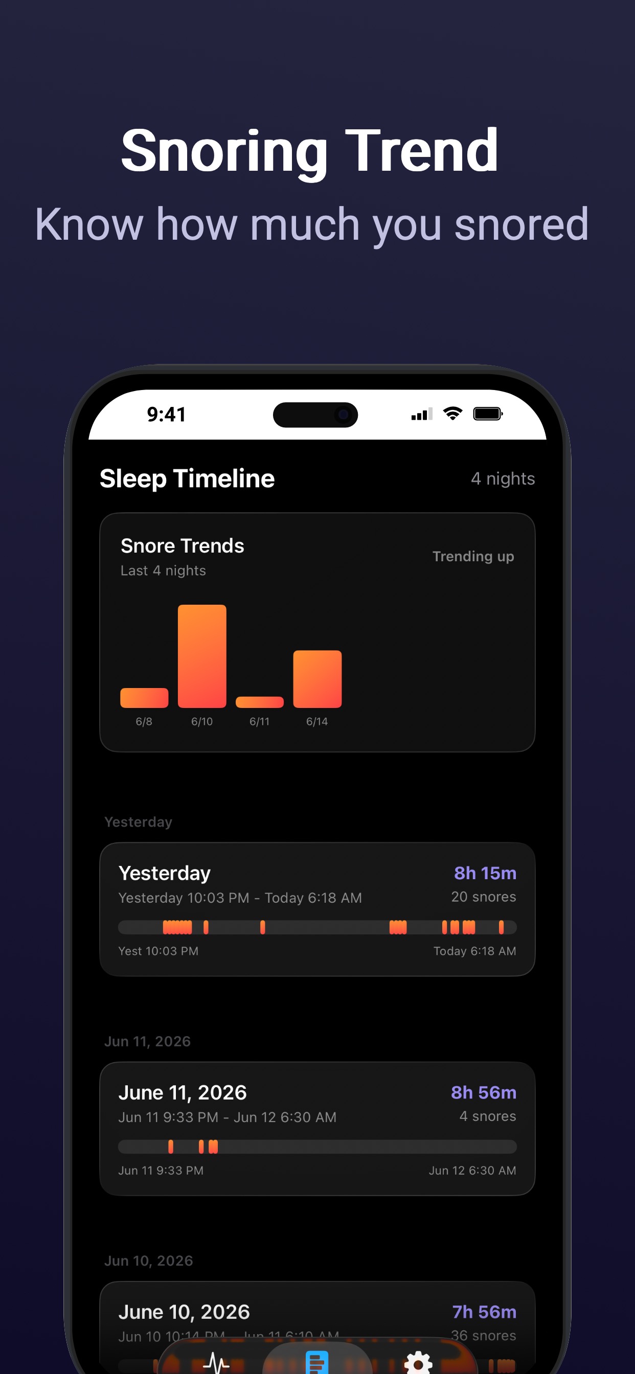 Recording History — Browse past snore clips