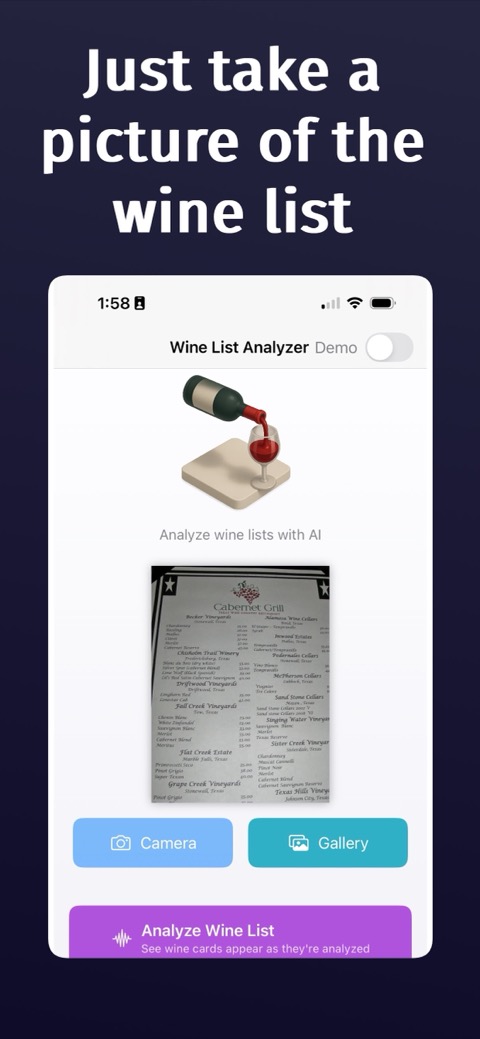 Wine List screenshot — analysis in progress
