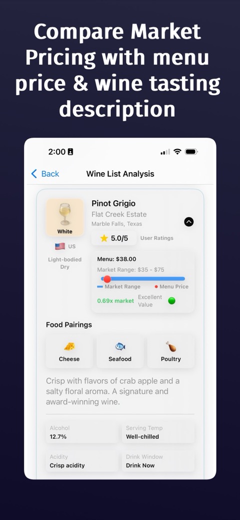 Wine List screenshot — wine ratings and prices