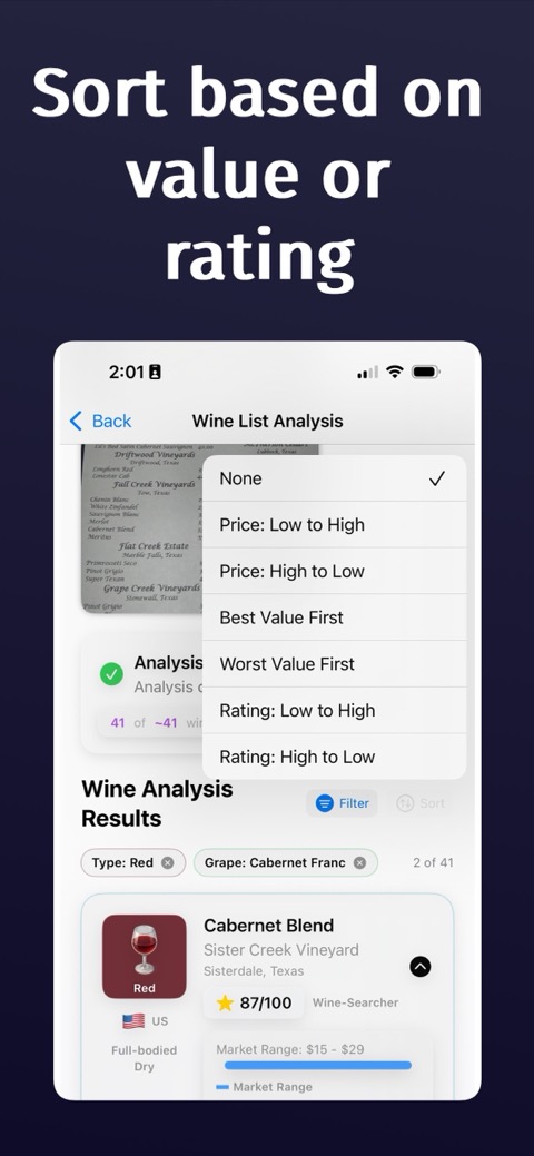 Wine List screenshot — results overview